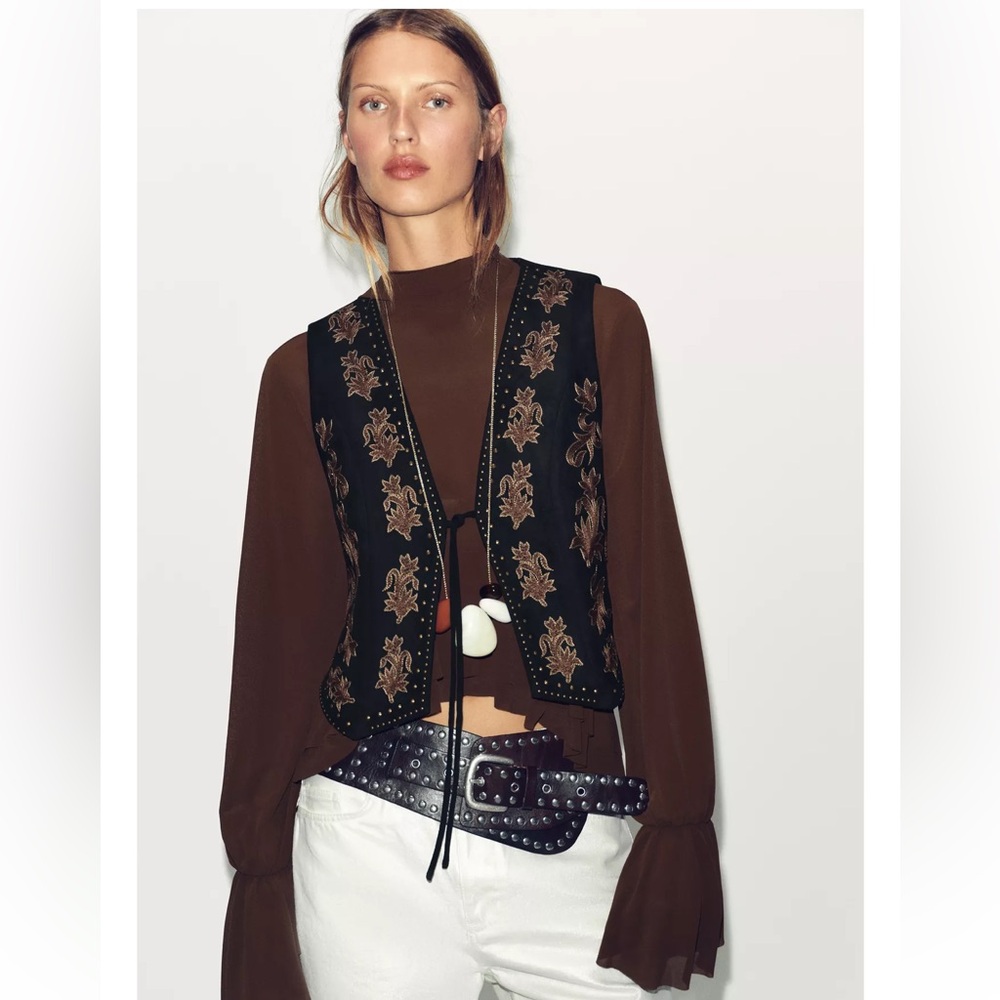 Brand new with tags! Zara EMBROIDERED BEADED FAUX SUEDE VEST, Size M